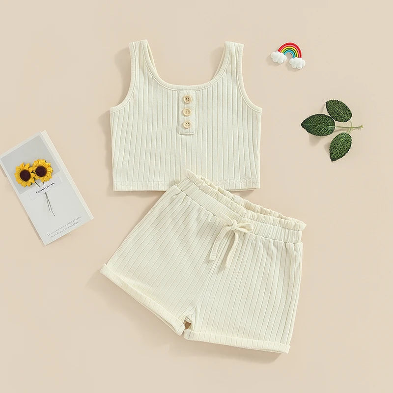 2023-05-07 Lioraitiin 0-8Years Kid Girls 2Pcs Summer Pants Suit Sleeveless Knitting Vest Tops Solid Drawstring Shorts