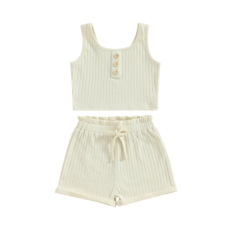 2023-05-07 Lioraitiin 0-8Years Kid Girls 2Pcs Summer Pants Suit Sleeveless Knitting Vest Tops Solid Drawstring Shorts