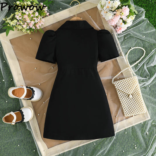 Children Blazer Dresses For Girls Short Sleeve Black Dress Front Applique Flower Fashion Dress For Kids Formal Clothes