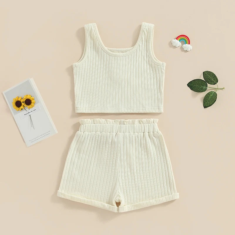 2023-05-07 Lioraitiin 0-8Years Kid Girls 2Pcs Summer Pants Suit Sleeveless Knitting Vest Tops Solid Drawstring Shorts