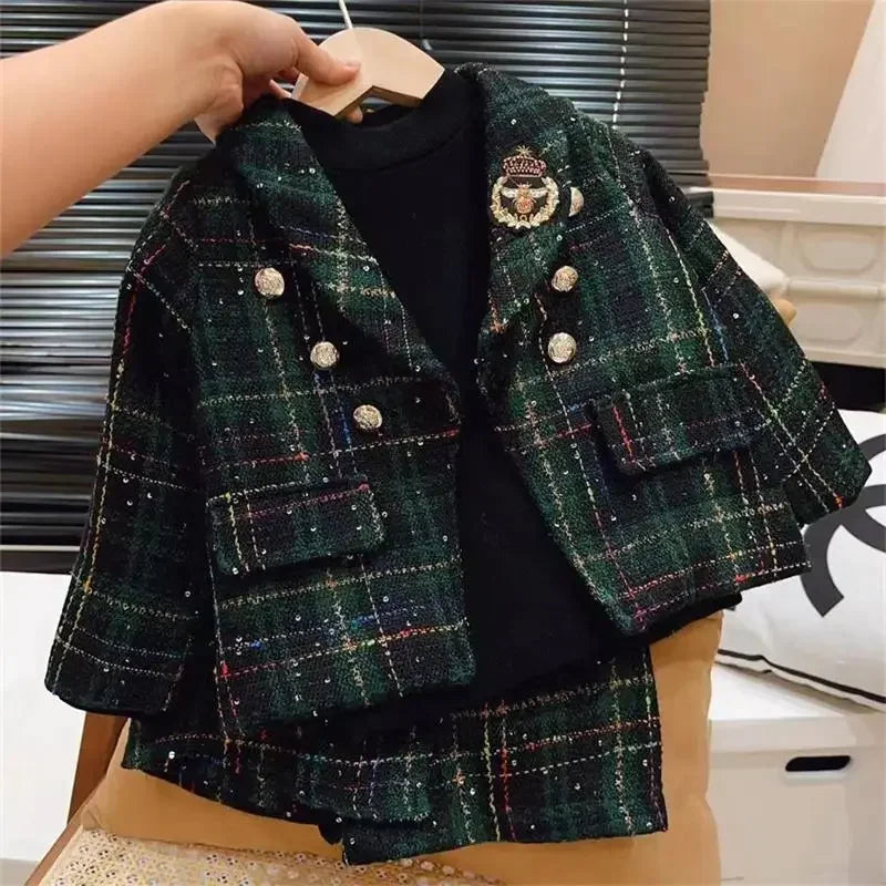 Baby Girl Plaid Blazer & Shorts Set – Vintage 2pcs Outfit 2–7Y