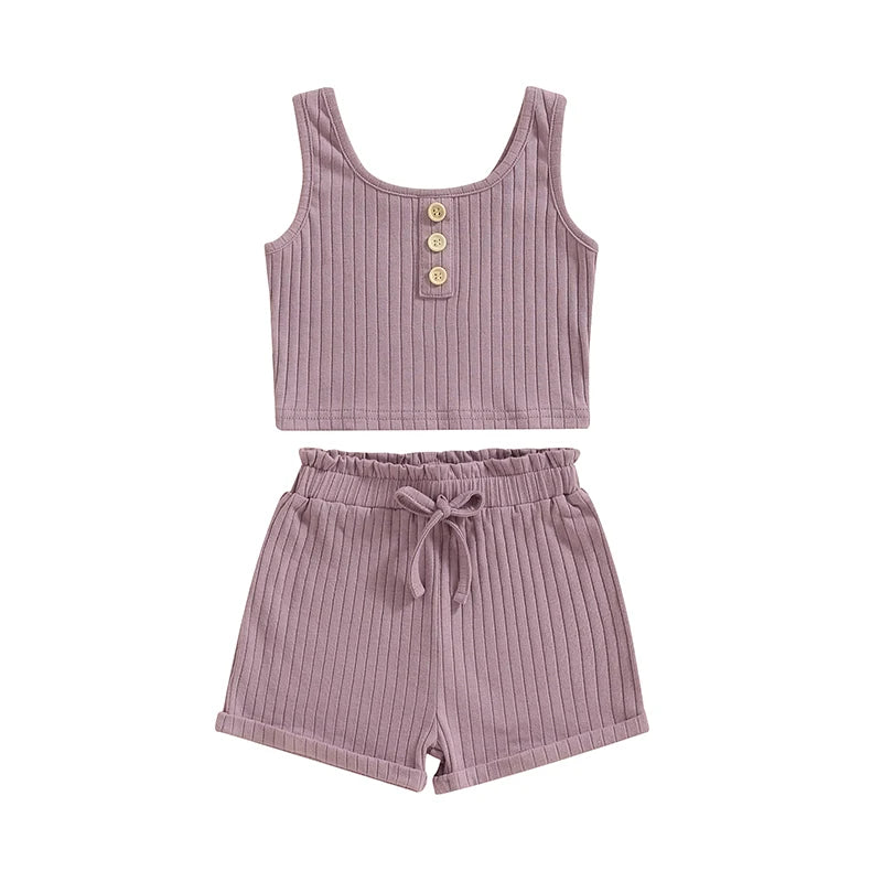 2023-05-07 Lioraitiin 0-8Years Kid Girls 2Pcs Summer Pants Suit Sleeveless Knitting Vest Tops Solid Drawstring Shorts