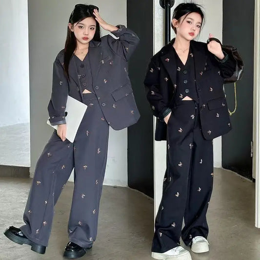 Girls Suit Fashion Butterfly Embroidery Blazers Trousers Vest 3-piece Spring School Kids Clothing Set Teen Child Formal Uniform