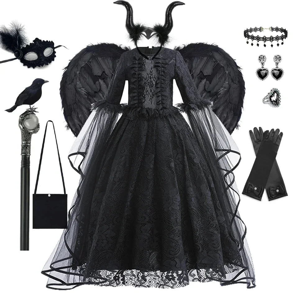 Black Witch Dress Maleficent Halloween Costume Dress Ghost Bride Dress Up Outfit Costume For Kids