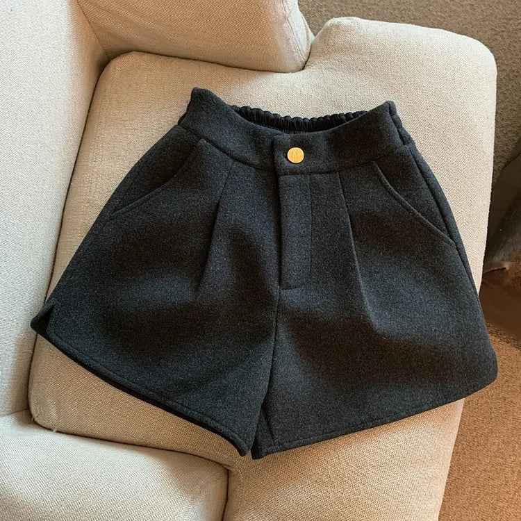 Girls Autumn and Winter New Woolen Split Wide Leg Shorts Korean Elastic High Waisted Loose Straight Casual Boots and Pants Trend