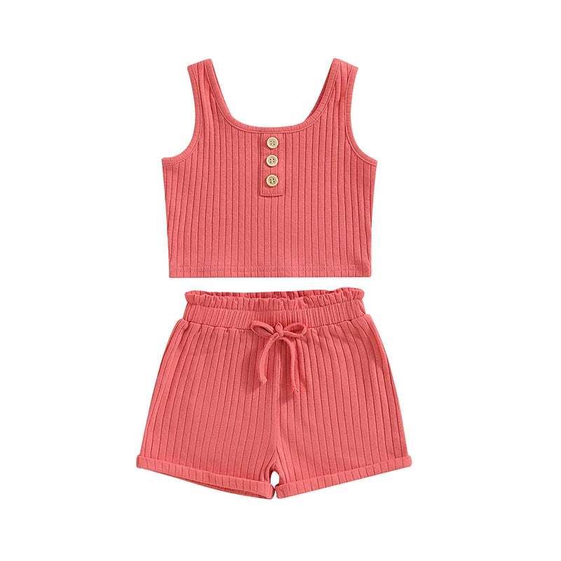2023-05-07 Lioraitiin 0-8Years Kid Girls 2Pcs Summer Pants Suit Sleeveless Knitting Vest Tops Solid Drawstring Shorts