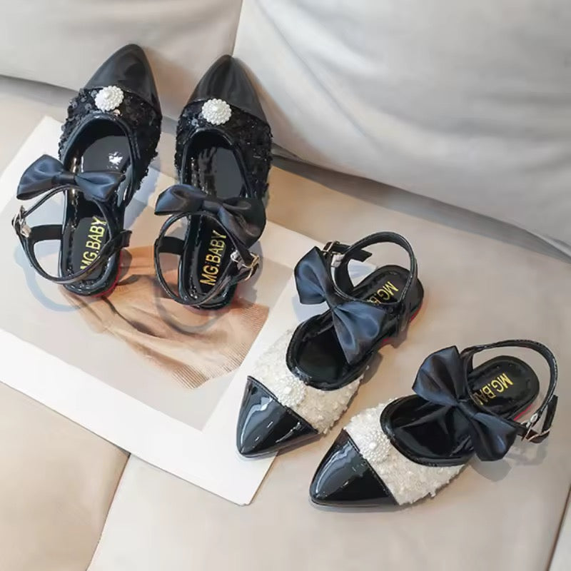 Children Leather Shoes for Girls New Fashion Comfortable Elegant Beading Bowtie Soft Sole Wedding Princess Shoes