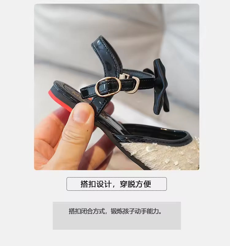 Children Leather Shoes for Girls New Fashion Comfortable Elegant Beading Bowtie Soft Sole Wedding Princess Shoes