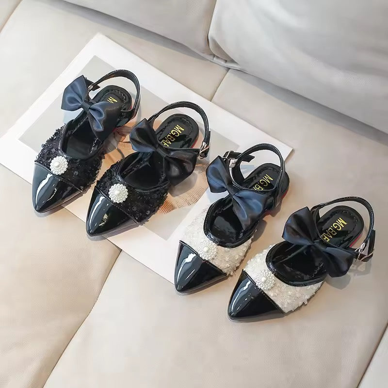 Children Leather Shoes for Girls New Fashion Comfortable Elegant Beading Bowtie Soft Sole Wedding Princess Shoes