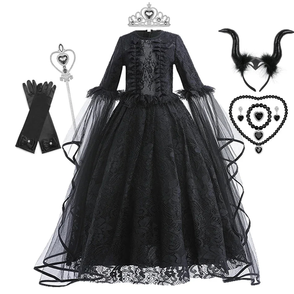 Black Witch Dress Maleficent Halloween Costume Dress Ghost Bride Dress Up Outfit Costume For Kids