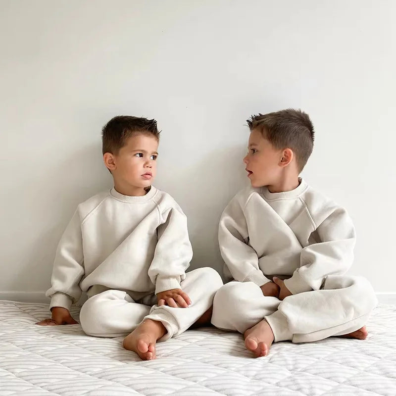 2025 Winter New Children Fleece Sports Set Boys Girls Plus Velvet Thick Sweatshirt + Sweat Pants 2pcs Suit Kids Warm Outfits