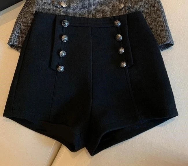 Girls Autumn and Winter New Retro Herringbone Woolen Shorts British Style Versatile Double Breasted Buttons Outerwear