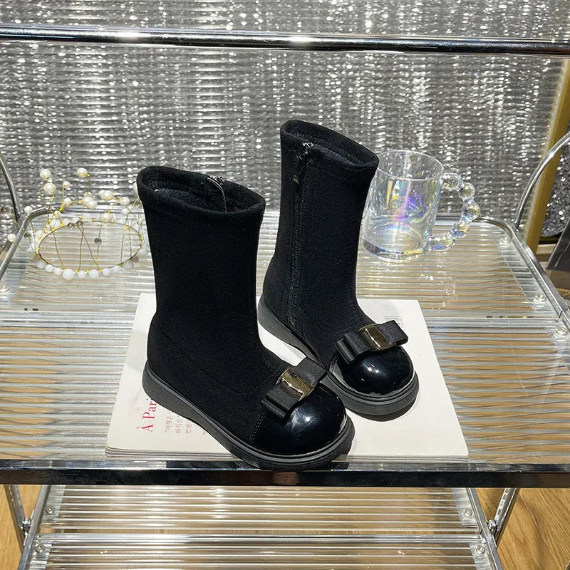 Girls Boots 2023 Winter Toddler Kids Fashion Chelsea Princess Middle Calf Boots Children Bowtie Shoes Brand Warm Fur Soft Sole