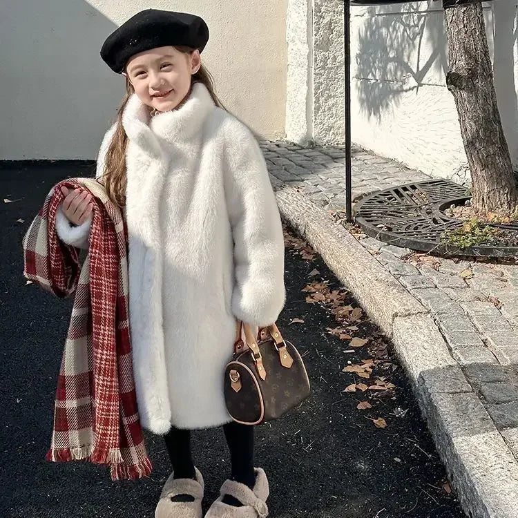 Cotton Thickened Warm Faux Fur Coat for Girls Children Baby Stand Up Collar Plush Cold Resistant Autumn and Winter Coat