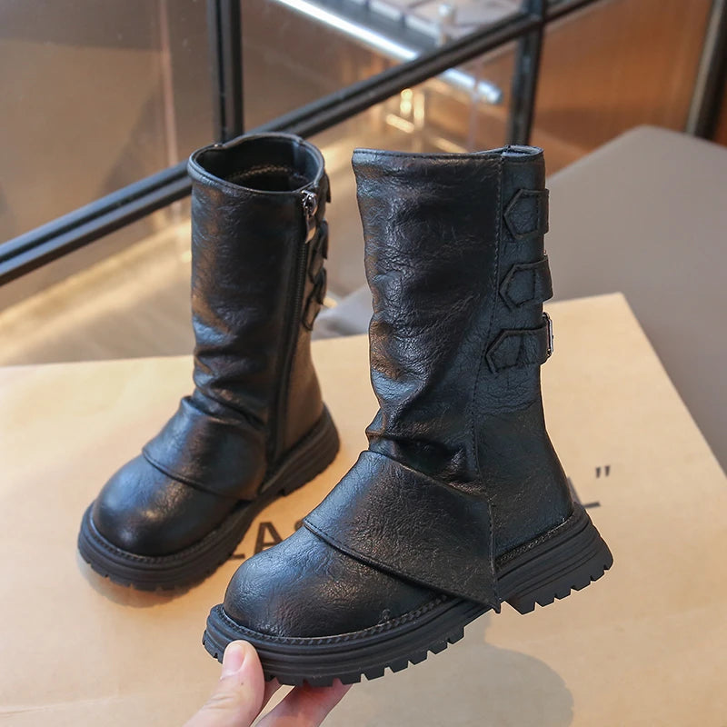 Girls Mid-calf Boots Fashion Children Long Boots Simple Thick Bottom Classic Kids Catwalk Leather Boots 2025 Winter New