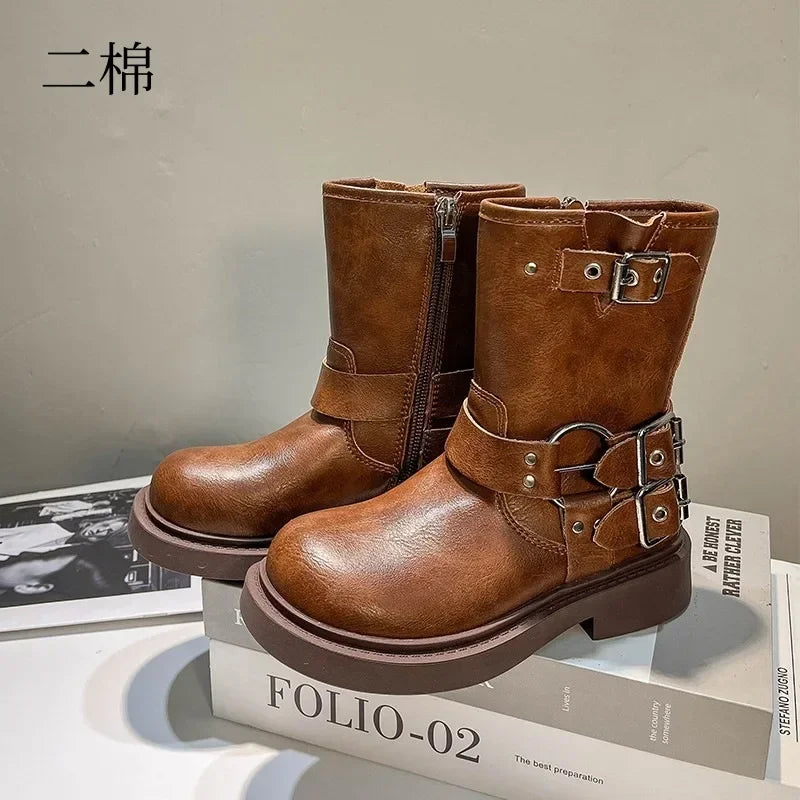 Round Toe Platform Kid Boot Autumn/Winter Leather Boot Fashion Girl Knight Boot Mid Size Ankle Boot Kid Shoe 부츠