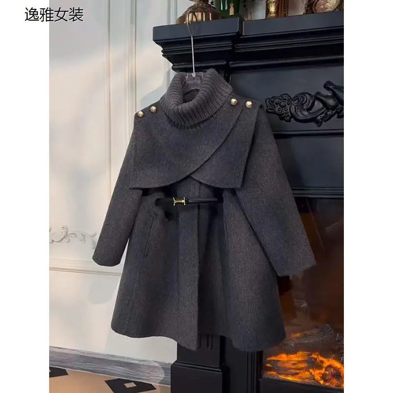 Cape+coat set thicken Plush Warm teen kids overcoat meisje Outerwear child clothes outerwear belt