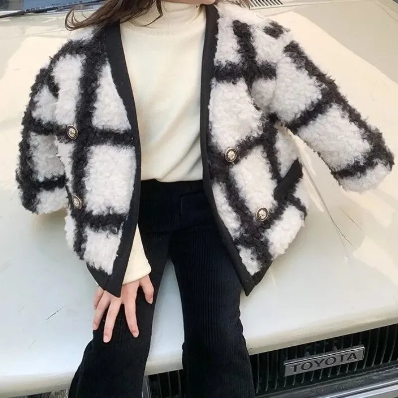 Girls Jacket outerwear autumn and winter new style children's stylish plaid lambhair cotton clothes baby thick warm coat