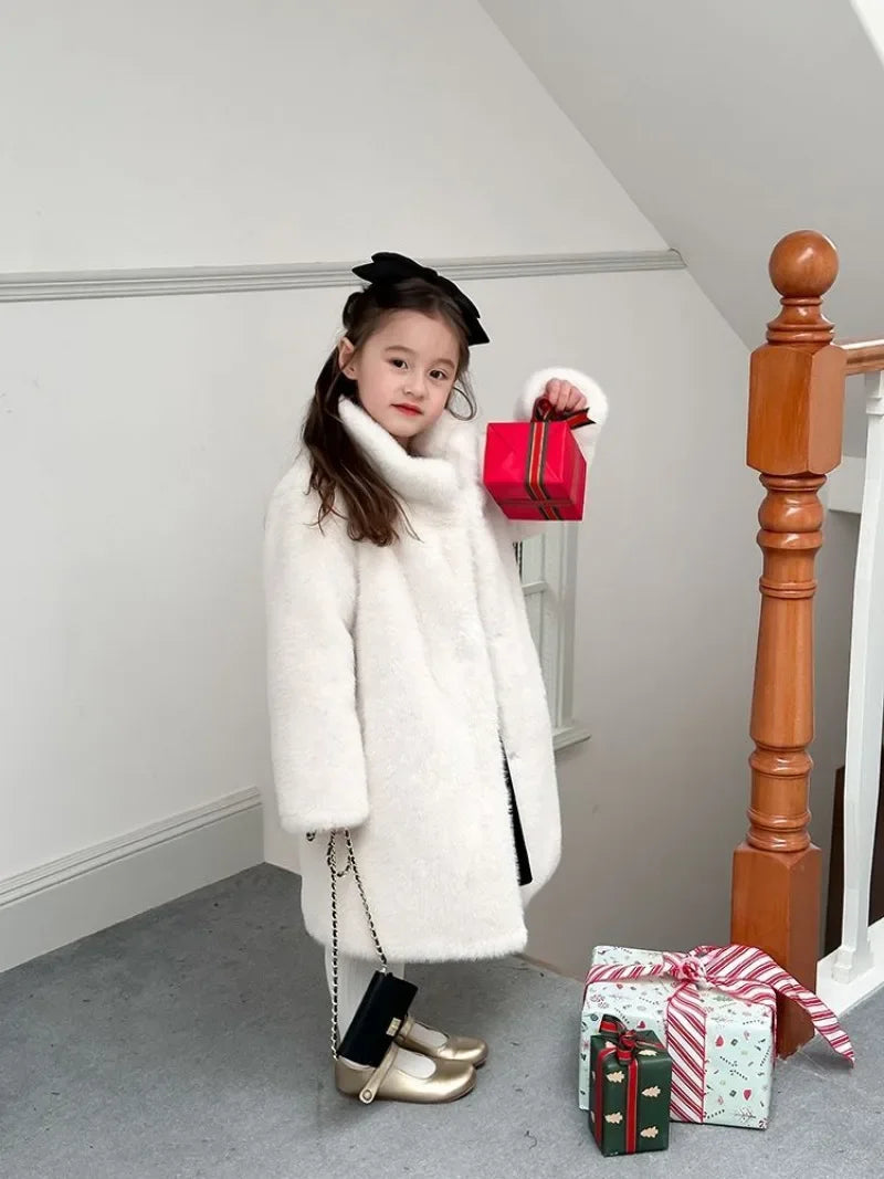 Cotton Thickened Warm Faux Fur Coat for Girls Children Baby Stand Up Collar Plush Cold Resistant Autumn and Winter Coat