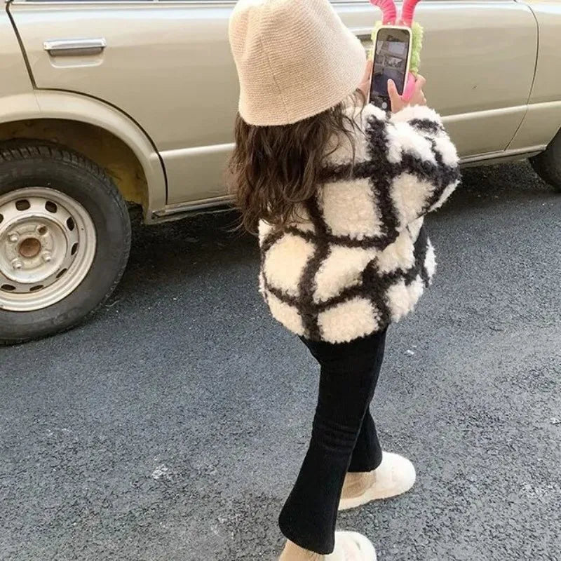 Girls Jacket outerwear autumn and winter new style children's stylish plaid lambhair cotton clothes baby thick warm coat