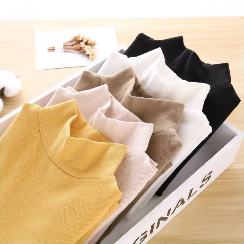 T-shirt for Girls Solid Thermal Underwear Autumn Winter Long Sleeve Casual High Collar Thin Velvet Boys Tops