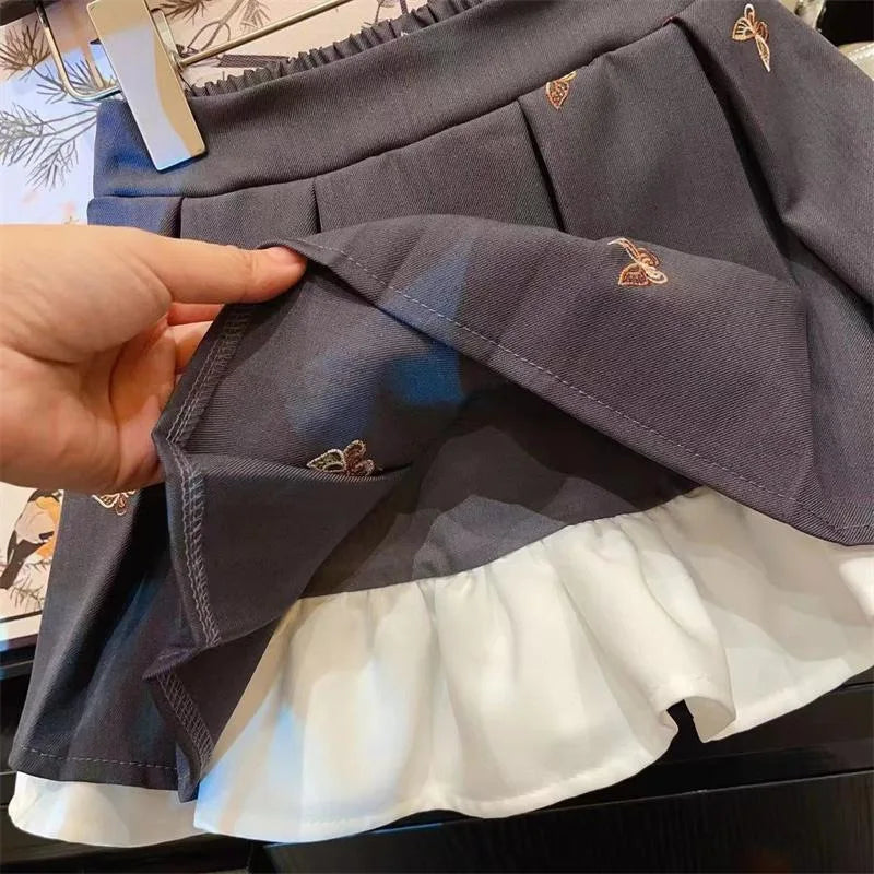 Girls Suit Set Embroidered Jacket Children's College Style Pleated Skirt Fashionable Two-piece Set