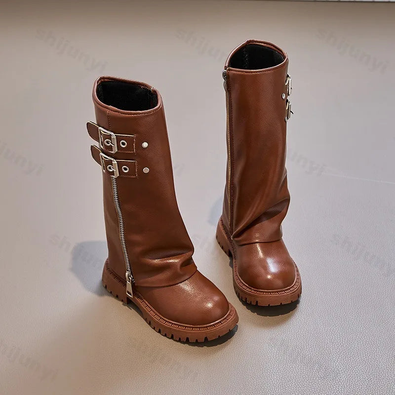 Children's Pu Leather Boots 2025 Autumn Comfortable Anti Slip Zipper Fashion Kids Knee Boots Girls Outdoor Buckle Princess Boots