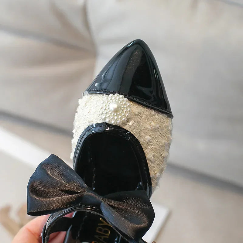 Children Leather Shoes for Girls New Fashion Comfortable Elegant Beading Bowtie Soft Sole Wedding Princess Shoes