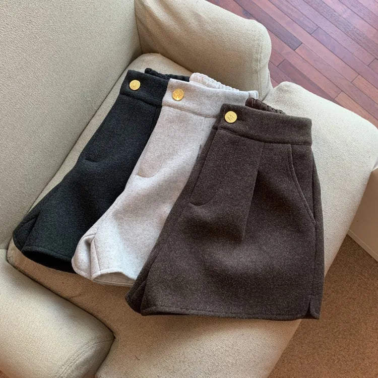Girls Autumn and Winter New Woolen Split Wide Leg Shorts Korean Elastic High Waisted Loose Straight Casual Boots and Pants Trend