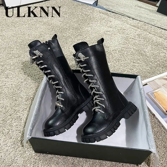 Children Knee-high Boot Girl Students Fashion Canister Boots Shoes Children Winter Cream-colored Flat Boots Antiskid Shoe