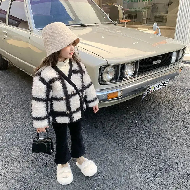 Girls Jacket outerwear autumn and winter new style children's stylish plaid lambhair cotton clothes baby thick warm coat