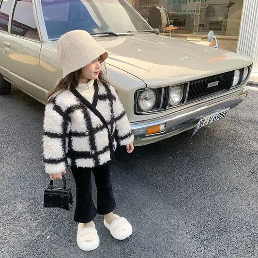 Girls Jacket outerwear autumn and winter new style children's stylish plaid lambhair cotton clothes baby thick warm coat