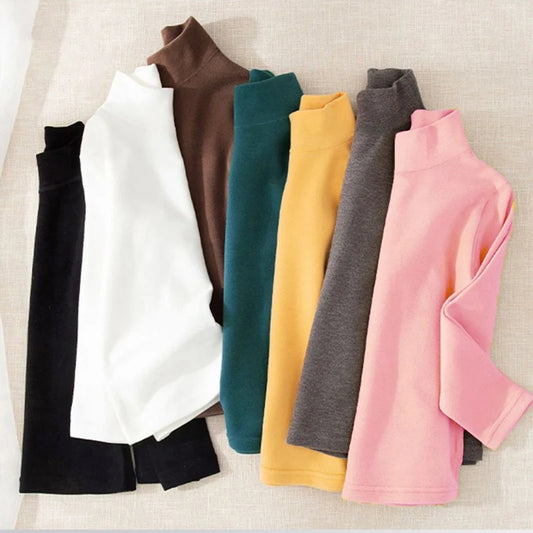 T-shirt for Girls Solid Thermal Underwear Autumn Winter Long Sleeve Casual High Collar Thin Velvet Boys Tops