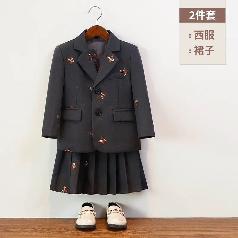 Girls suit set Embroidered Butterfly suit jacket Vest Pleated skirt 2/3pc baby girl clothes suit junior child outfits 2-13