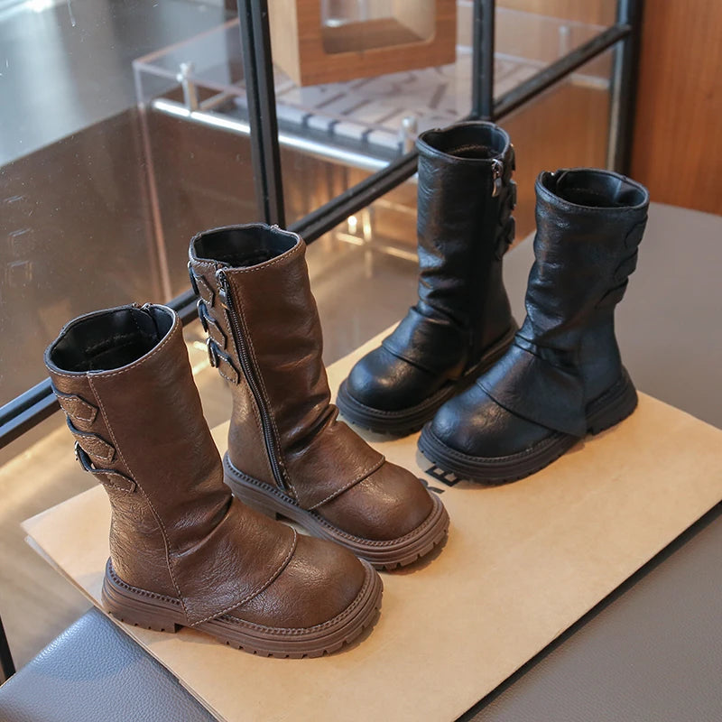 Girls Mid-calf Boots Fashion Children Long Boots Simple Thick Bottom Classic Kids Catwalk Leather Boots 2025 Winter New
