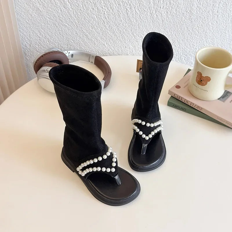 Children High-top Sandals for Girls Summer New Fashion Korean Style Soft Sole Non-slip Versatile Pearl Roman Princess Shoes