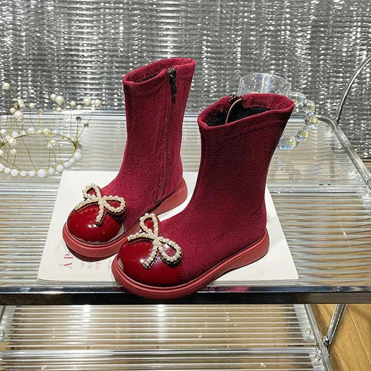 Girls Boots 2023 Winter Toddler Kids Fashion Chelsea Princess Middle Calf Boots Children Bowtie Shoes Brand Warm Fur Soft Sole