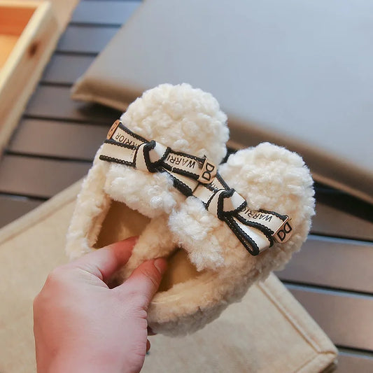 Girls' Plush Shoes Chic Warm Children's Moccasin with Simple Bow 2024 Autumn Winter New Girls' Princess Shoes Casual Soft Sole