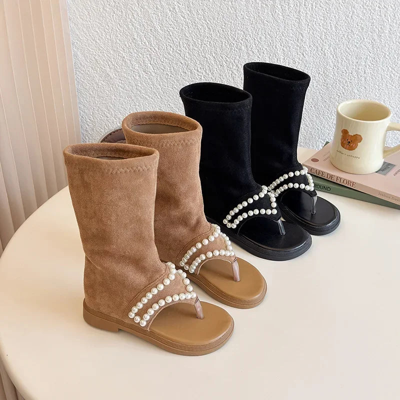 Children High-top Sandals for Girls Summer New Fashion Korean Style Soft Sole Non-slip Versatile Pearl Roman Princess Shoes