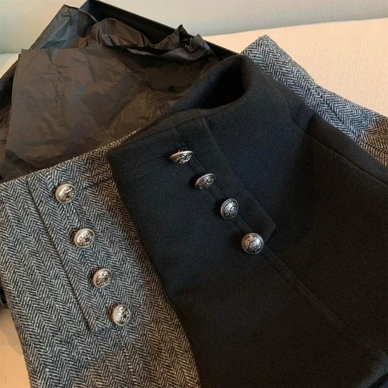 Girls Autumn and Winter New Retro Herringbone Woolen Shorts British Style Versatile Double Breasted Buttons Outerwear