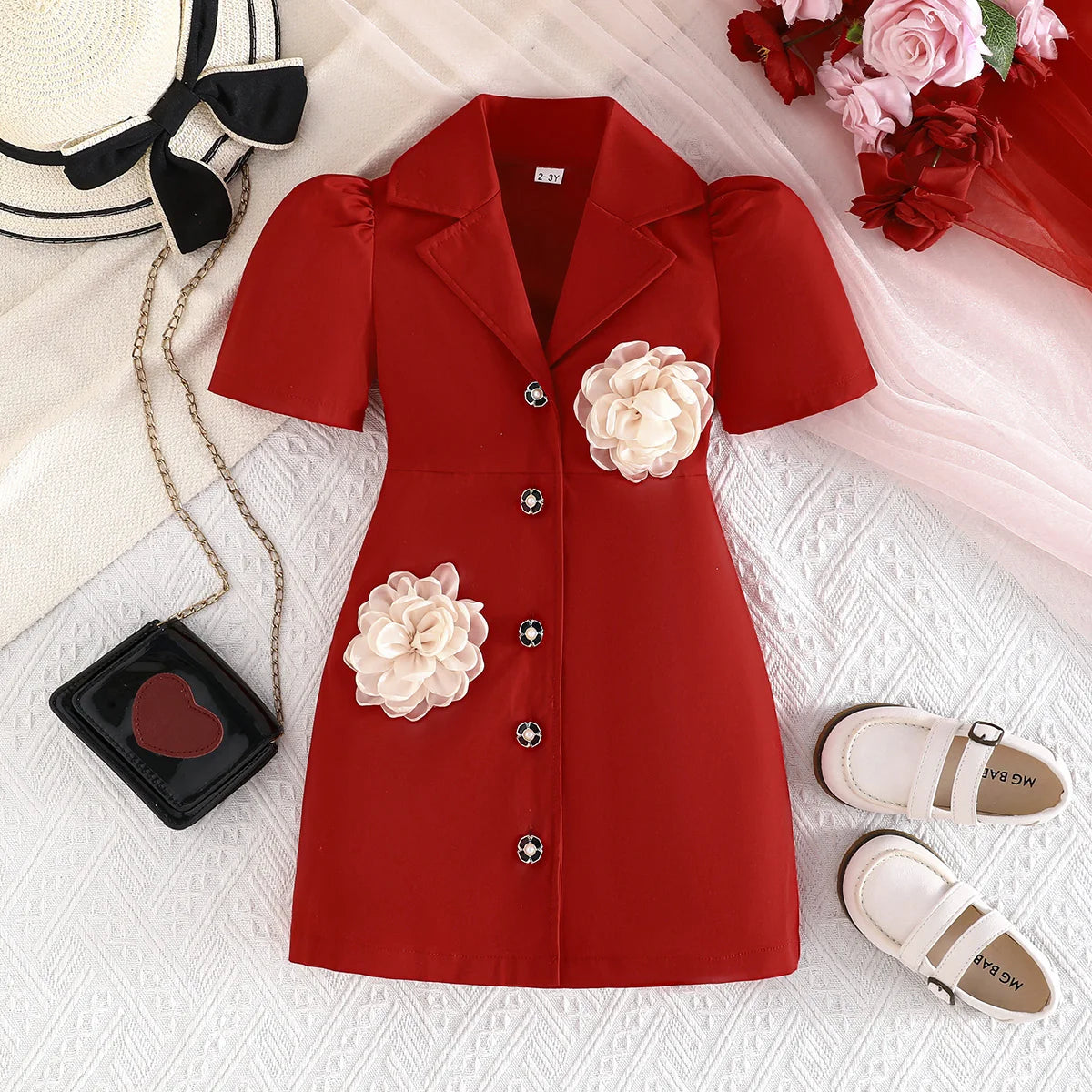 Children Blazer Dresses For Girls Short Sleeve Black Dress Front Applique Flower Fashion Dress For Kids Formal Clothes