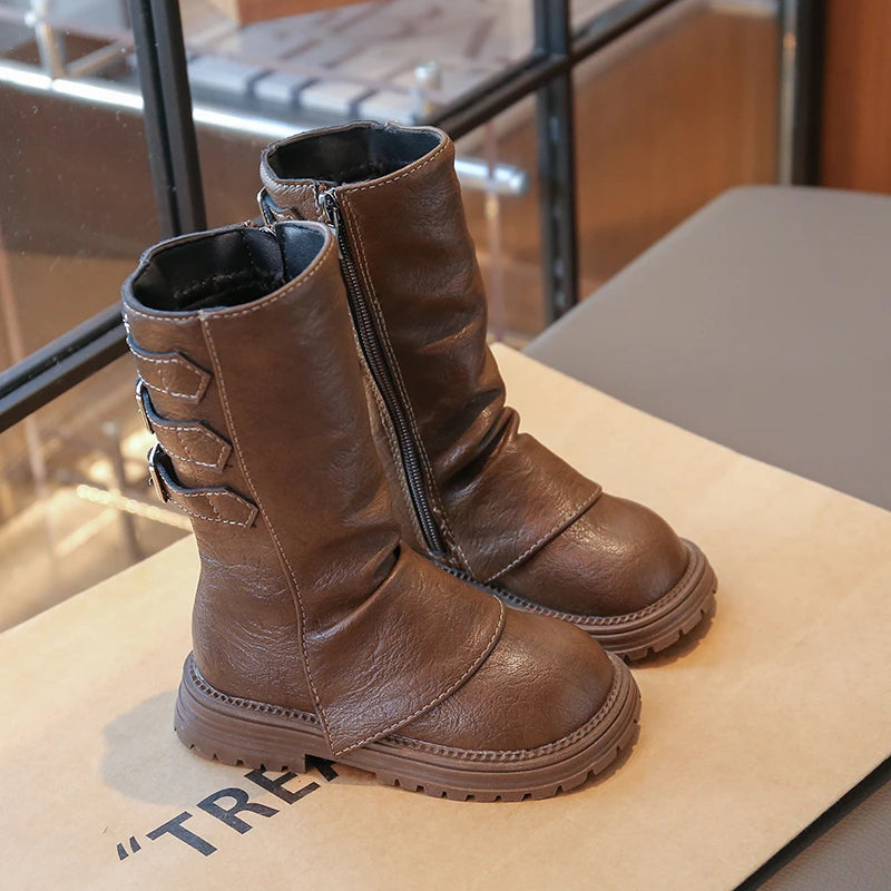 Girls Mid-calf Boots Fashion Children Long Boots Simple Thick Bottom Classic Kids Catwalk Leather Boots 2025 Winter New
