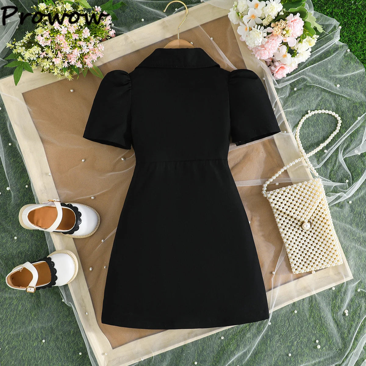 Children Blazer Dresses For Girls Short Sleeve Black Dress Front Applique Flower Fashion Dress For Kids Formal Clothes