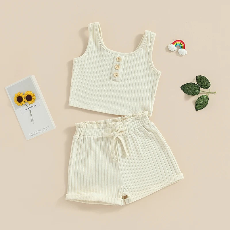 2023-05-07 Lioraitiin 0-8Years Kid Girls 2Pcs Summer Pants Suit Sleeveless Knitting Vest Tops Solid Drawstring Shorts