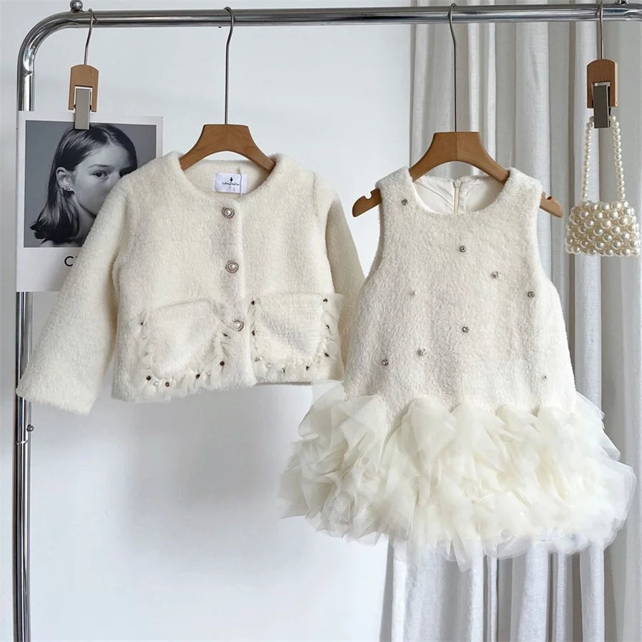 Girls Clothing Sets Winter Kids Girl Sweet Faux Fur Coat and Dress 2pcs Clothes Suit Children Girl Princess Warm Clothes 3 5 8