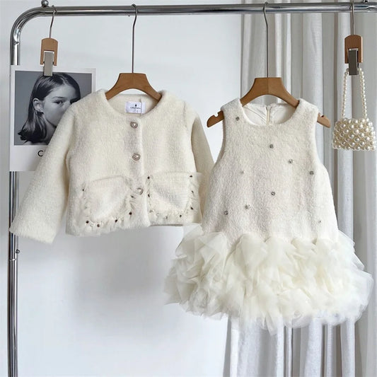 Girls Clothing Sets Winter Kids Girl Sweet Faux Fur Coat and Dress 2pcs Clothes Suit Children Girl Princess Warm Clothes 3 5 8