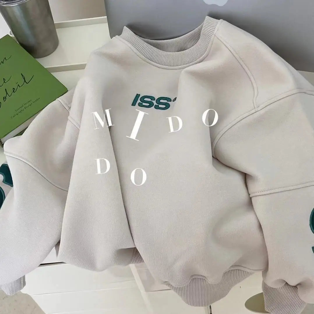 100-160CM Boys Winter Pullover Hoodie Casual Sweatshirt Korean Children's Loose and Plush Thick Top
