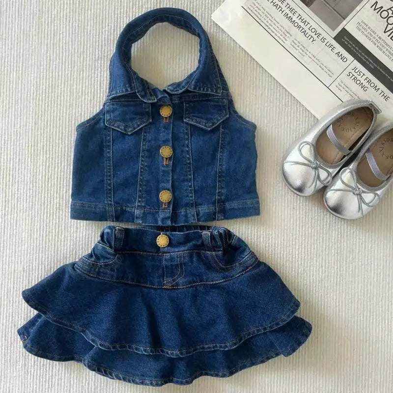 Girls Summer Clothes Cute Suit New Sleeveless Top Vest Fashionable Ruffle Edge Children's girl Short Skirt 2-pcs Set