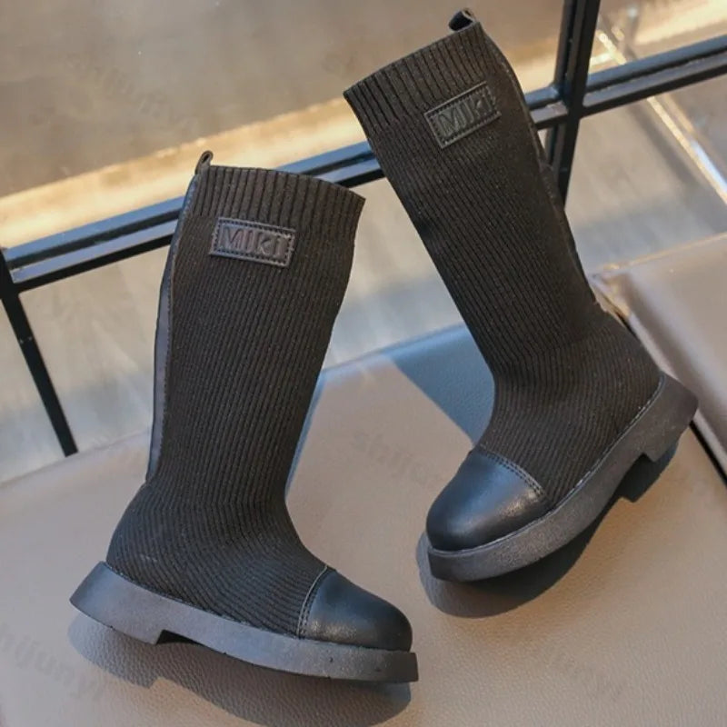 Children Knee Length Boots New 2025 Autumn Student Girls Princess Boots Kids Comfortable Non Slip Solid Color Knitted Long Boots