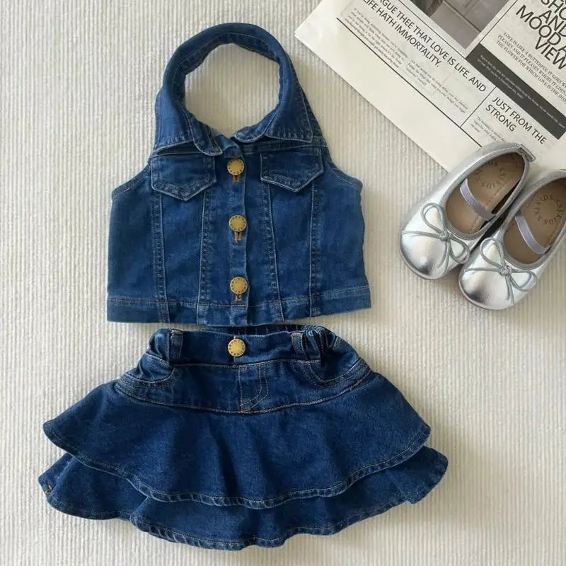 Girls Summer Clothes Cute Suit New Sleeveless Top Vest Fashionable Ruffle Edge Children's girl Short Skirt 2-pcs Set